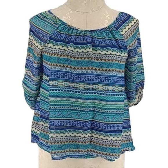 Beautees Scoop Neck‎ Blue Striped large Blouse - Picture 1 of 8